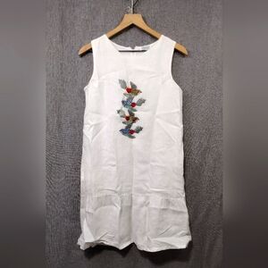 Green Embroidered Birds Dress Women's M White Boho Retro Cottagecore Minimalist